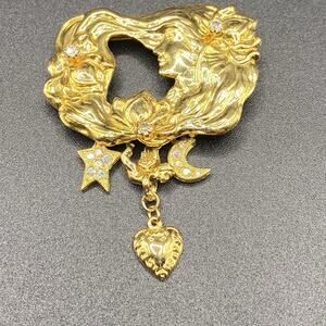 Vintage Kirks Folly Godess Celestial Rhinestone Brooch Gold Tone